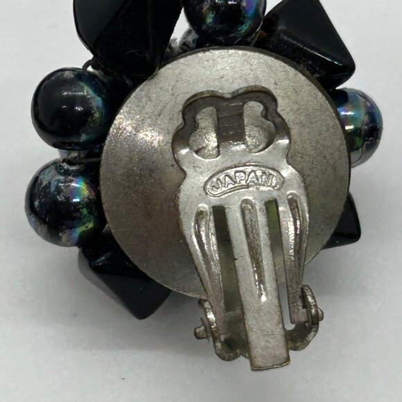 Vintage Japan Black Iridescent Bead Necklace Clip-On Earrings Set Elegant READ - Picture 6 of 14